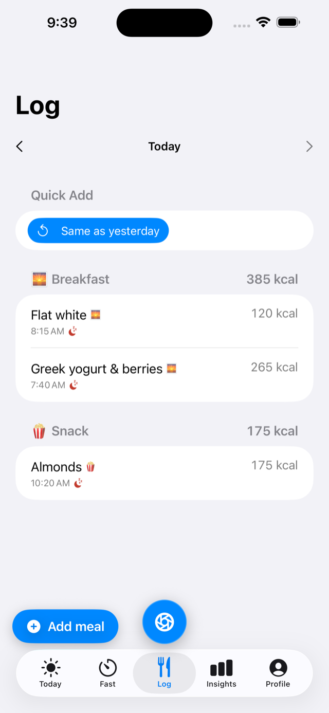 The Log screen for today, grouped into Breakfast (385 kcal, a flat white and
                    Greek yogurt with berries) and Snack (175 kcal, almonds), with a
                    “Same as yesterday” quick-add button above them.